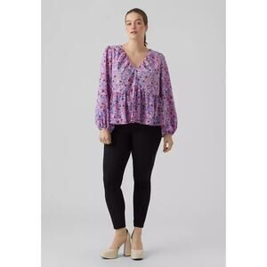 Vero Moda Curve Purple Floral Print Double V Peplum Tiered Blouse - Size 22